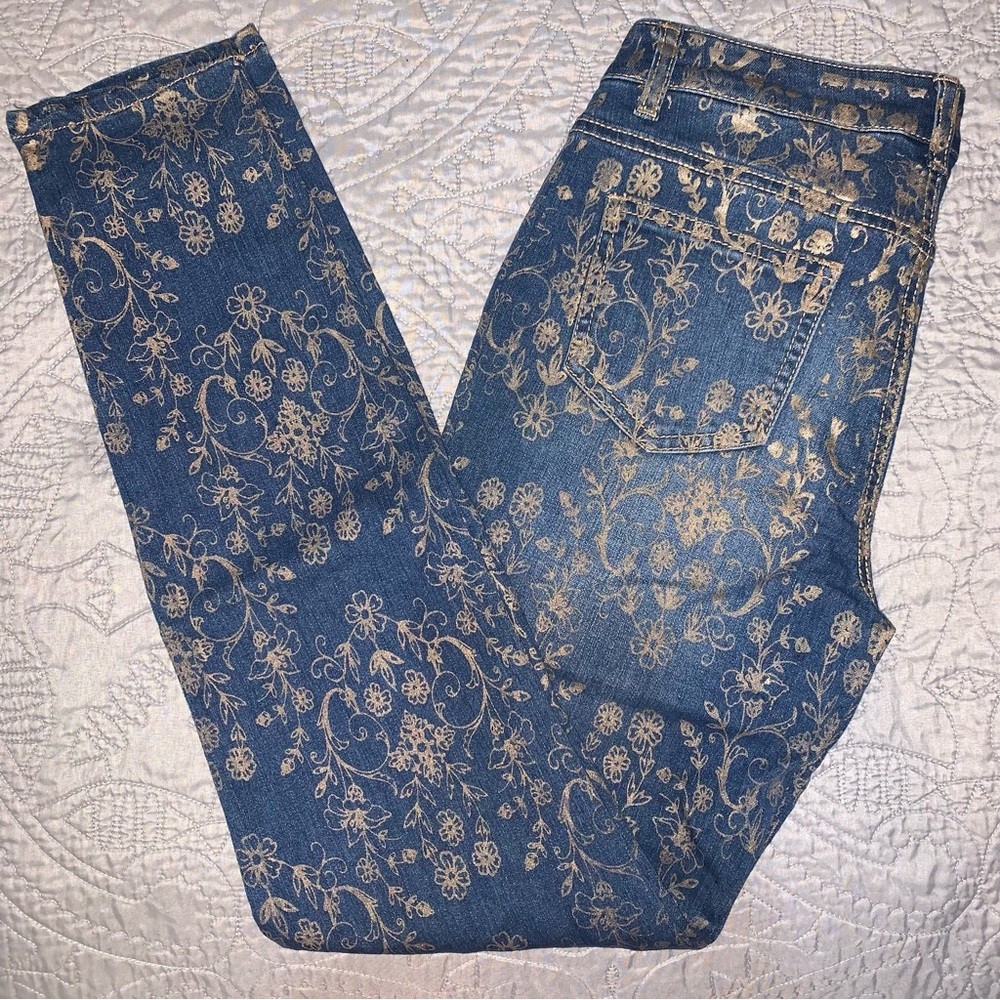 Gold Floral Print Denim Blue Jeans